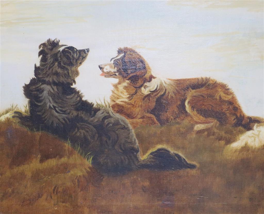 Victorian School, oil on canvas, Study of two collies in a landscape, 27 x 32cm